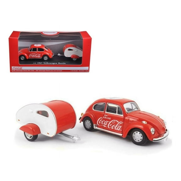 1967 Volkswagen Beetle Red with Teardrop Travel Trailer Red and White "Coca-Cola" 1/43 Diecast Model Car by Motorcity Classics