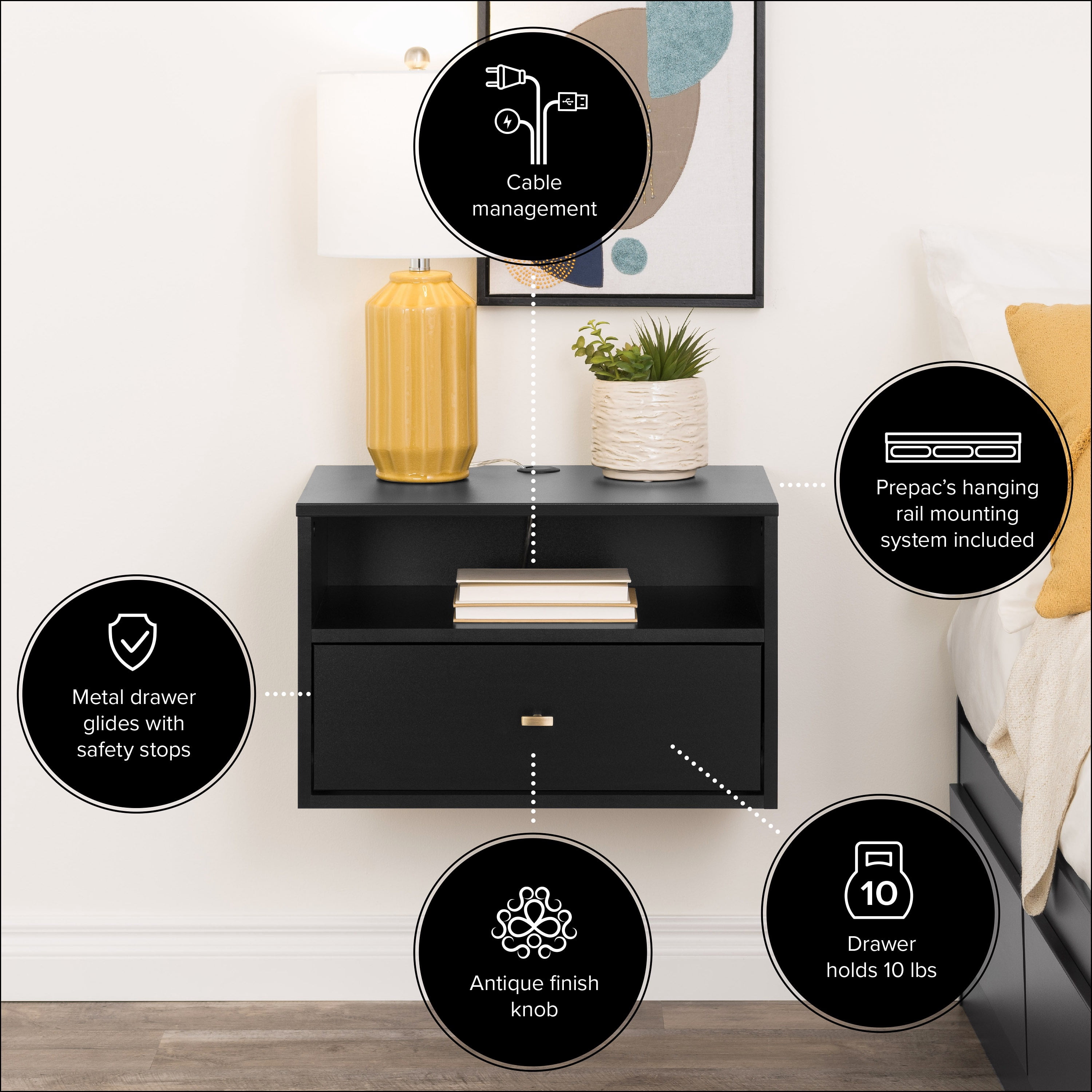 Prepac Floating Nightstands - Set of 2 - Black