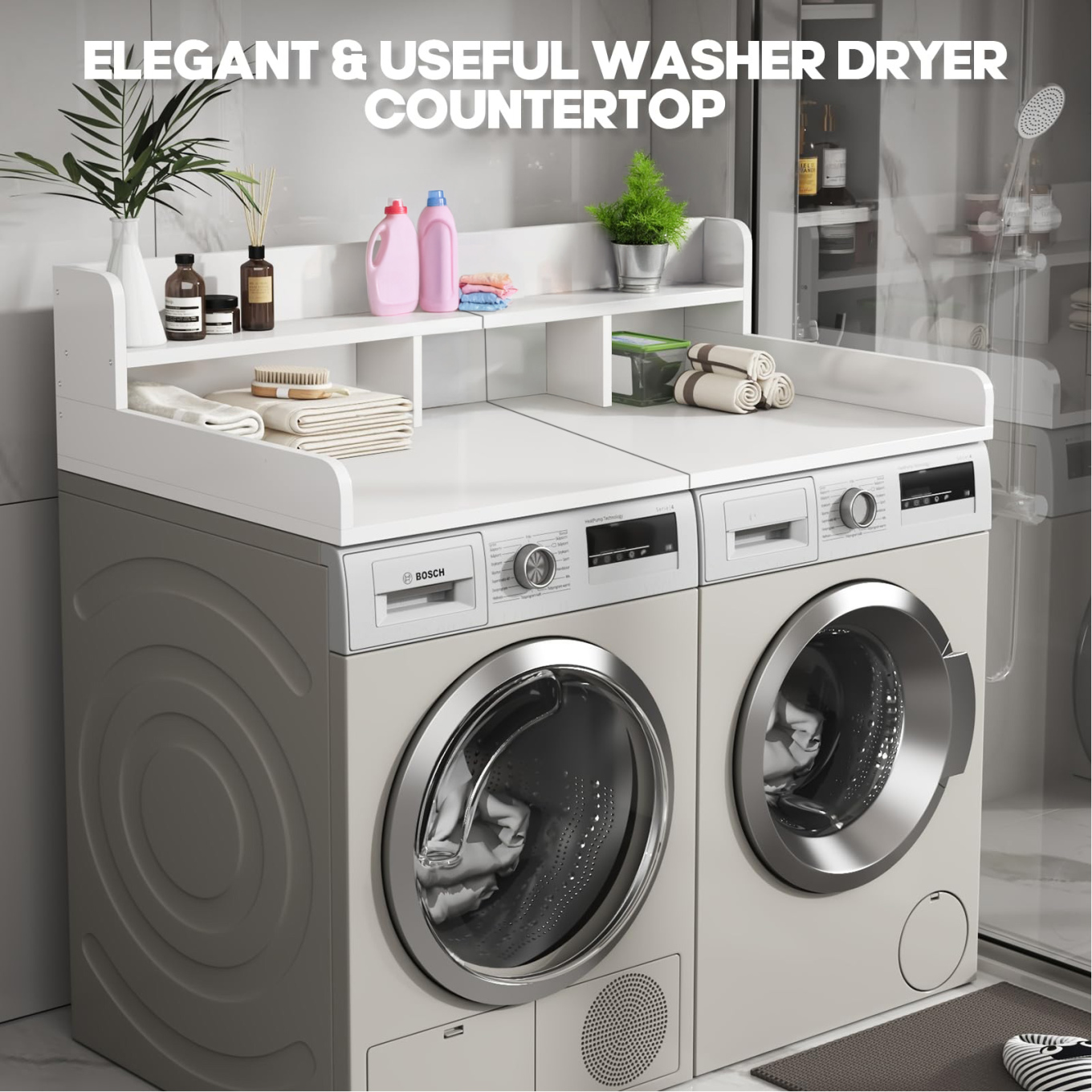 2-Tier Washer Dryer Countertop with Edge Rails, Washer and Dryer Double Topper, Water-Resistant Laundry Topper for Laundry Hamper Counter Storage, Black, 54" W x 27.5" D, White