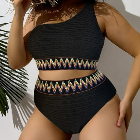 OSFVNOXV Womens Plus Size One Shoulder Swimsuits 2 Piece Push Up Bralette Seamless Bohemian High-Cut Swimwear Bathing Suit Bottom First Mothers Day Gift for New Mom Deals  XL-4XL