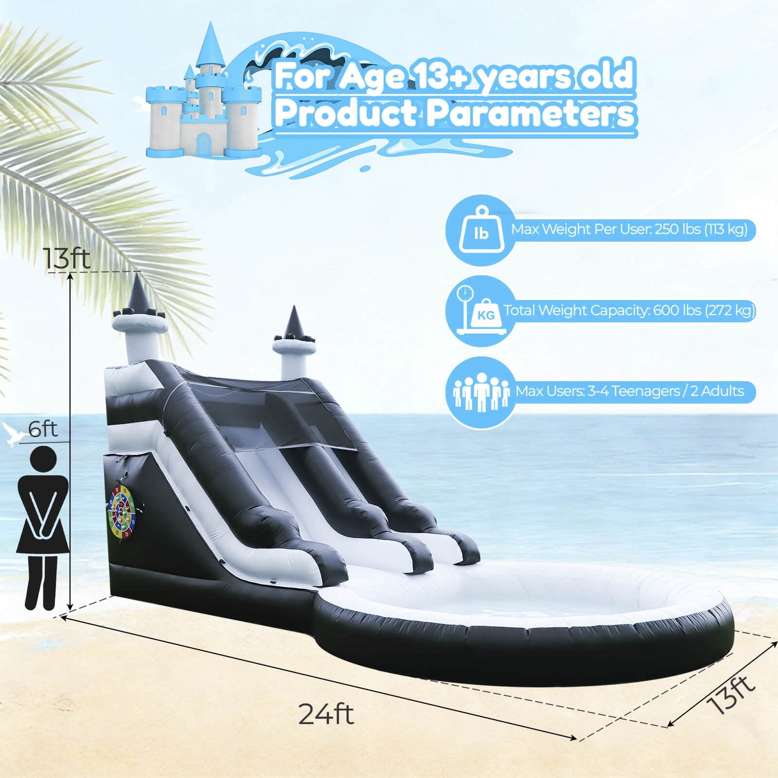 OFFMUST 24FT(L) Inflatable Water Slide for Adults Kids【Giant Inflatable Pool&Dartboard】100% PVC Commercial Grade Water Slides with Blower, Giant Adult Water Slide Outdoor Backyard