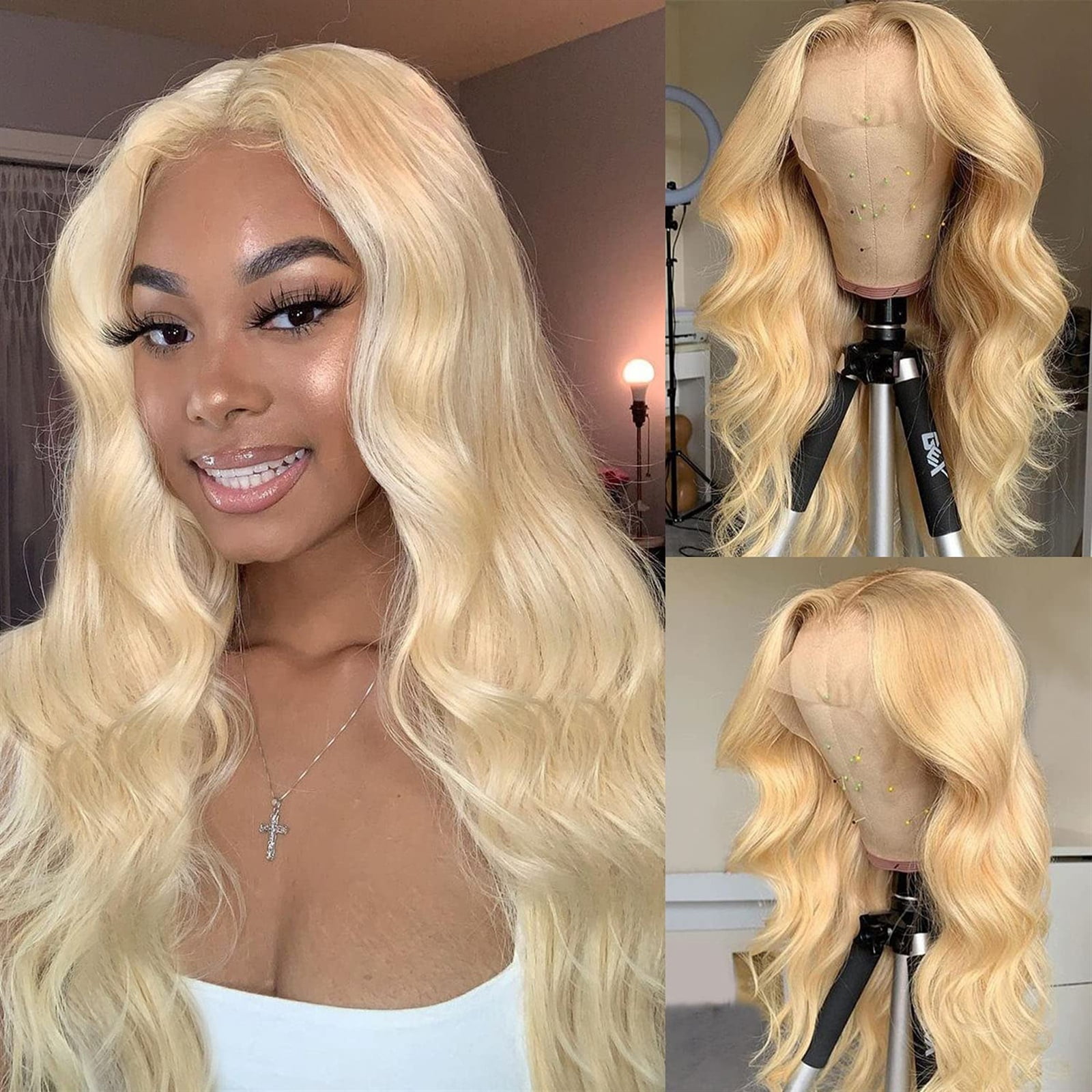 Blonde 613 Body Wave Synthetic Lace Wigs for Women Pre Plucked Hairline with Baby Hair Long Curly Heat Resistant Fiber T Part Lace Front Wigs
