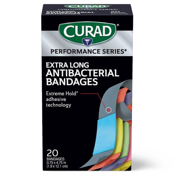 CURAD® Performance Series® Antibacterial Flexible Fabric Bandages, Extreme Hold Adhesive, Extra Long, Assorted Colors, 0.75 in x 4.75 in, 20 Count