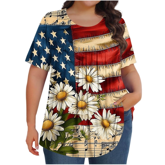 Blouse pour Femmes, Grande Taille, Manches Courtes Imprimées, Col Rond, Détail Plié, Tissu Polyester, Tenue Décontractée Été Printemps, pour Rendez-Vous Quotidiens Fête