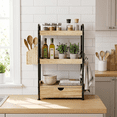 thumbnail image 3 of 3-Tier Bathroom Counter Organizer with Drawer, Wooden Vanity Skincare Storage Shelf with Thickened Metal Frame, Countertop Shelf with Basket & Hooks for Makeup Organization, Light Brown, 3 of 7