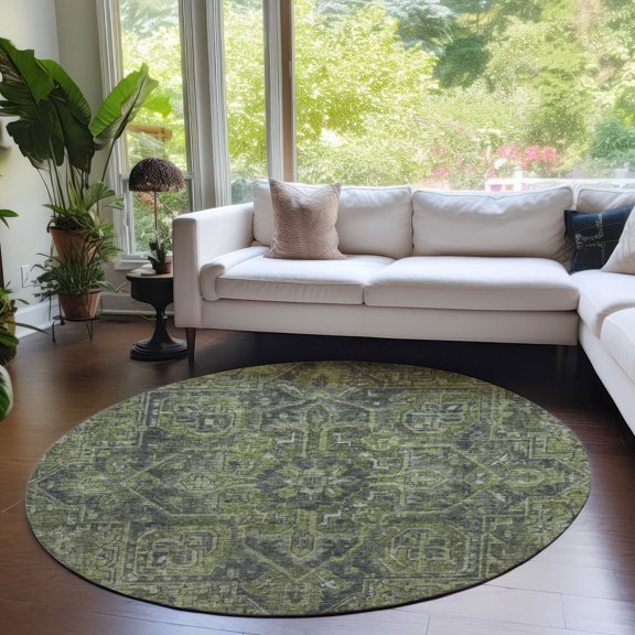 Addison Rugs Chantille Indoor/Outdoor Traditional Oriental Green Washable Round Rug, 8' x 8'