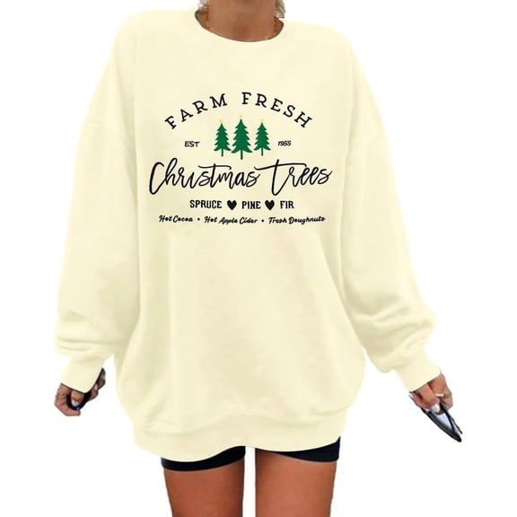 Womens White Christmas Sweatshirt Crewneck Christmas Tree Graphic Shirts Oversized Xmas Pullover Sweater