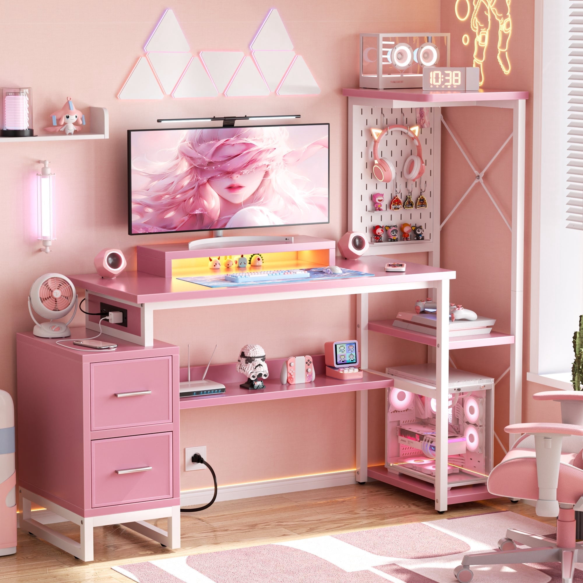 Homieasy 53" Gaming Desk with 2 Fabric Drawers & LED Lights, Reversible Computer Gaming Desk with Power Outlets, Writing Desk with Monitor Stand for Home & Office, with Pegboard, Pink