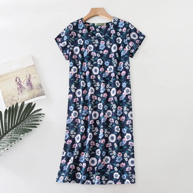 Pyjama en Coton pour Femmes, Chemise de Nuit Grande Taille Vêtements Tricotés Doux Manches Courtes Col Rond, Bleu Foncé s-TG