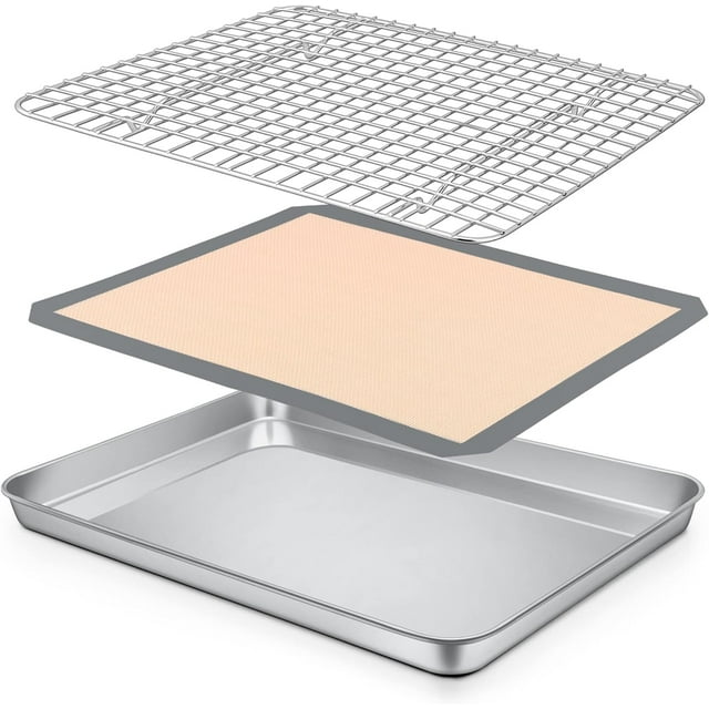 12.5 Inch Toaster Oven Tray with Cooling Rack and Silicone Mat Set, P&P CHEF Stainless Steel Toaster Oven Baking Pan with Grid Cooking Roasting Rack, 3 Pcs (1 Pan + 1 Rack + 1 Mat), Dishwasher Safe
