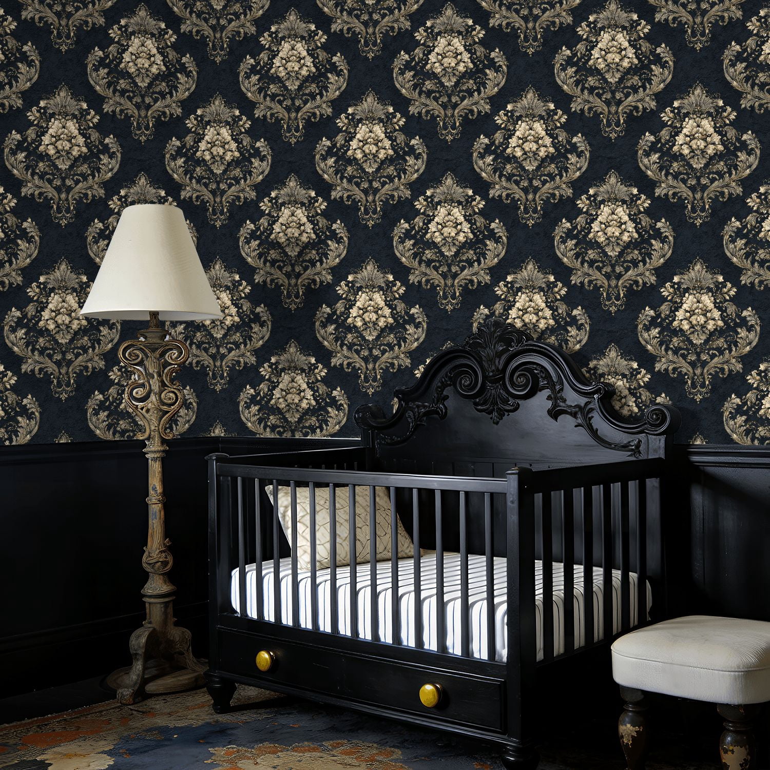 Baroque Peel and Stick Wallpaper Sophisticated Dark Navy Vintage Baroque blue Wall Mural 17.7in x 9.8ft Self Adhesive Removable Wall Paper Renter Friendly Wallpaper for Bedroom Livingroom Men