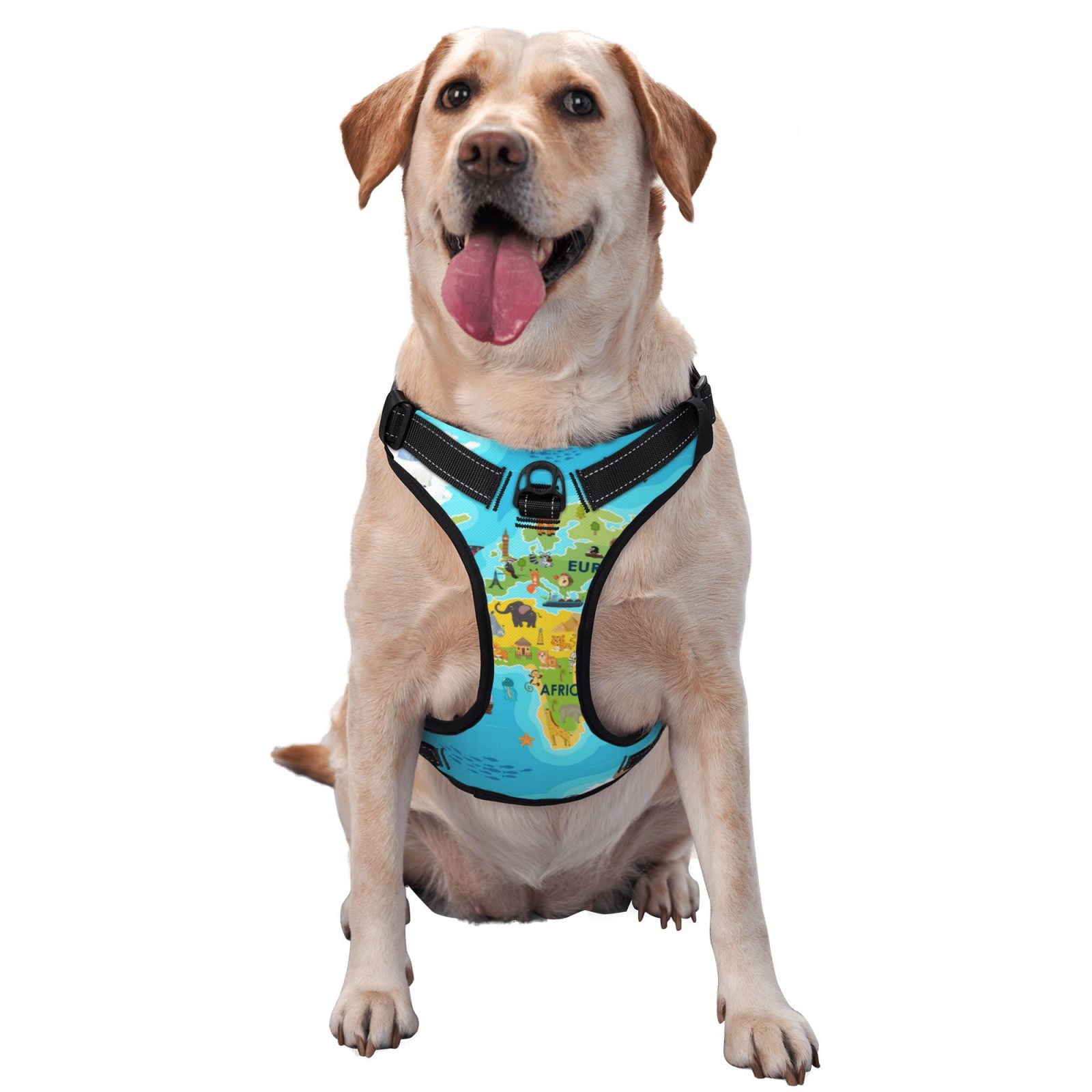Kdxio World Map With Animals Landmarks Print No Pull Dog Harness Adjustable Reflective Oxford Easy Control Medium Large Dog Harness for Training and Everyday-Small
