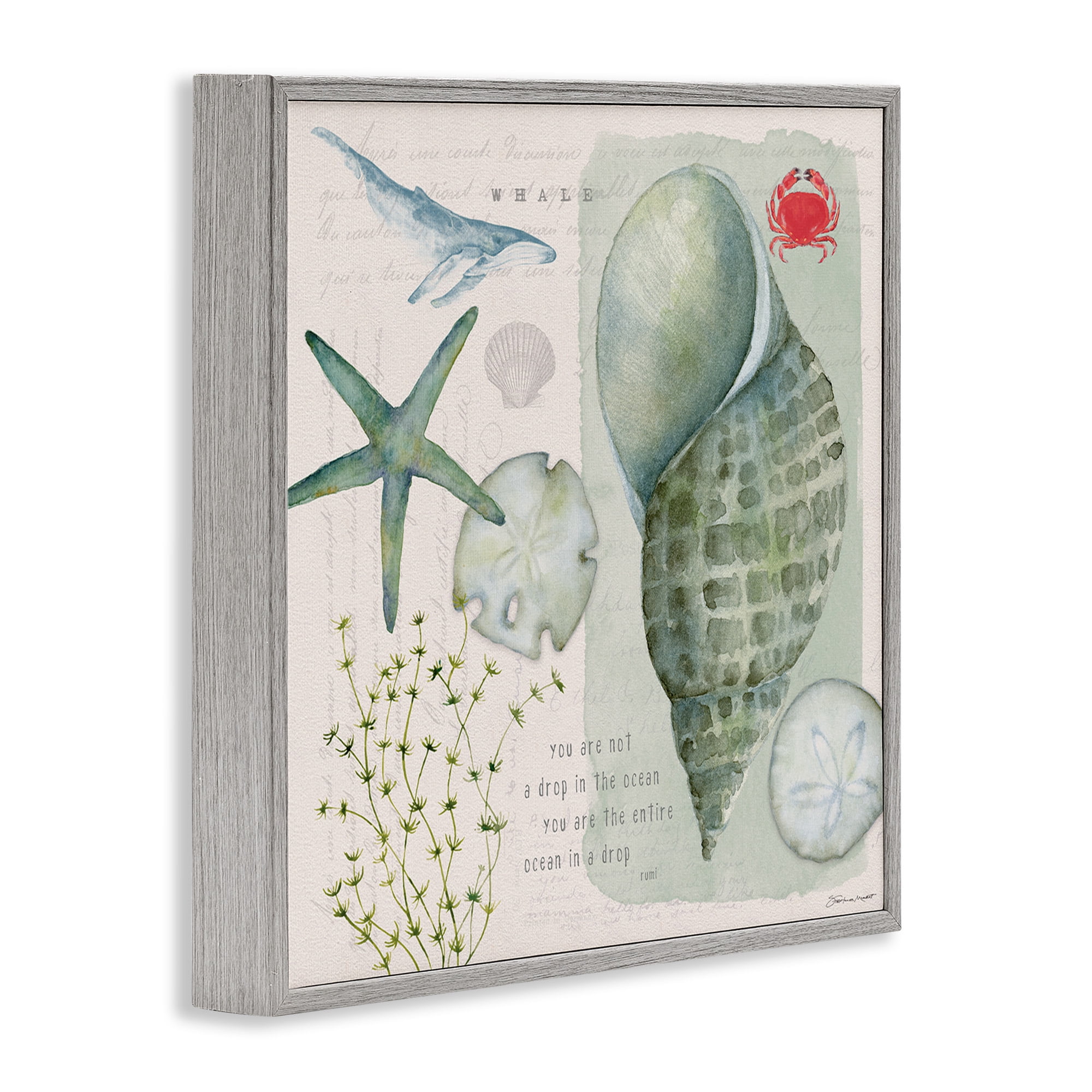Stupell Industries Sea Shell Inspirational Collage Inspirational Painting Gray Framed Art Print Wall Art, 12 x 12