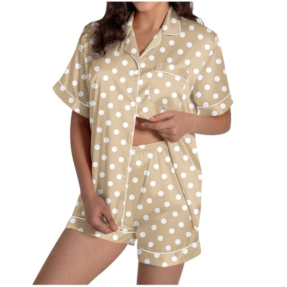 Gfyviroh Satin Pajama Sets for Women 2 Piece Short Sleeve Button Down Shirts Pjs with Shorts Dot Print Oversized Lounge Outfits