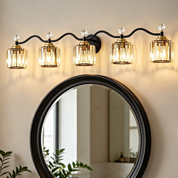 Deyidn 44.5" Modern 5-Light Black Gold Bathroom Vanity Light - Dimmable Bathroom Transitional Fixture with Crystal Glass Shades