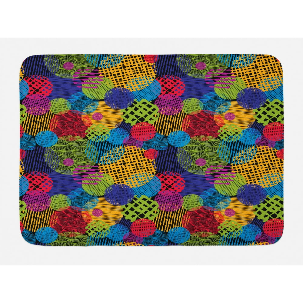 Funky Bath Mat, Grunge Stylized Murky Sketchy Geometric Forms with Hand