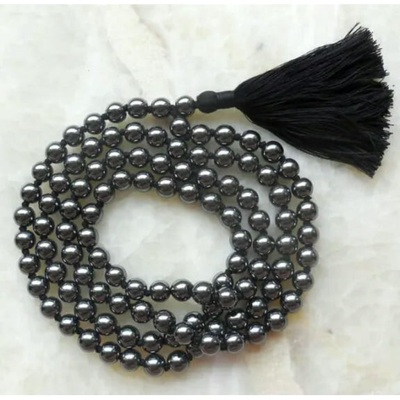 K-KED 8mm Natural Hematite 108 Beads Gemstone Tassel Mala Necklace Cuff Buddhism