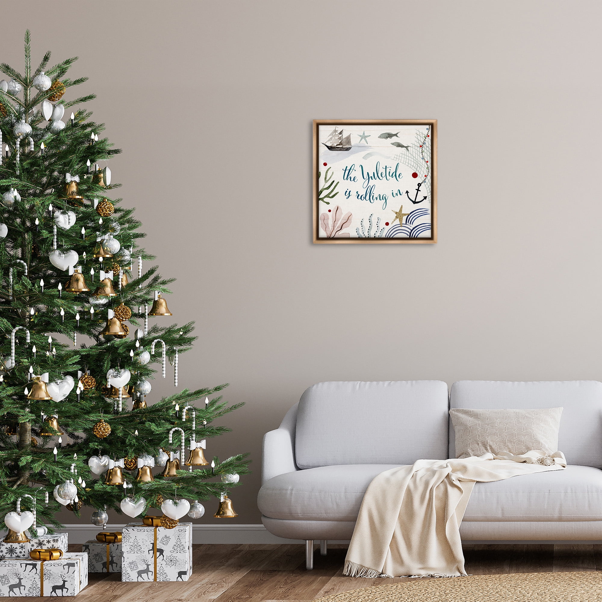Stupell Industries Nautical Yuletide Christmas Phrase Holiday Painting Brown Floater Framed Canvas Art Print Wall Art, 25 x 25
