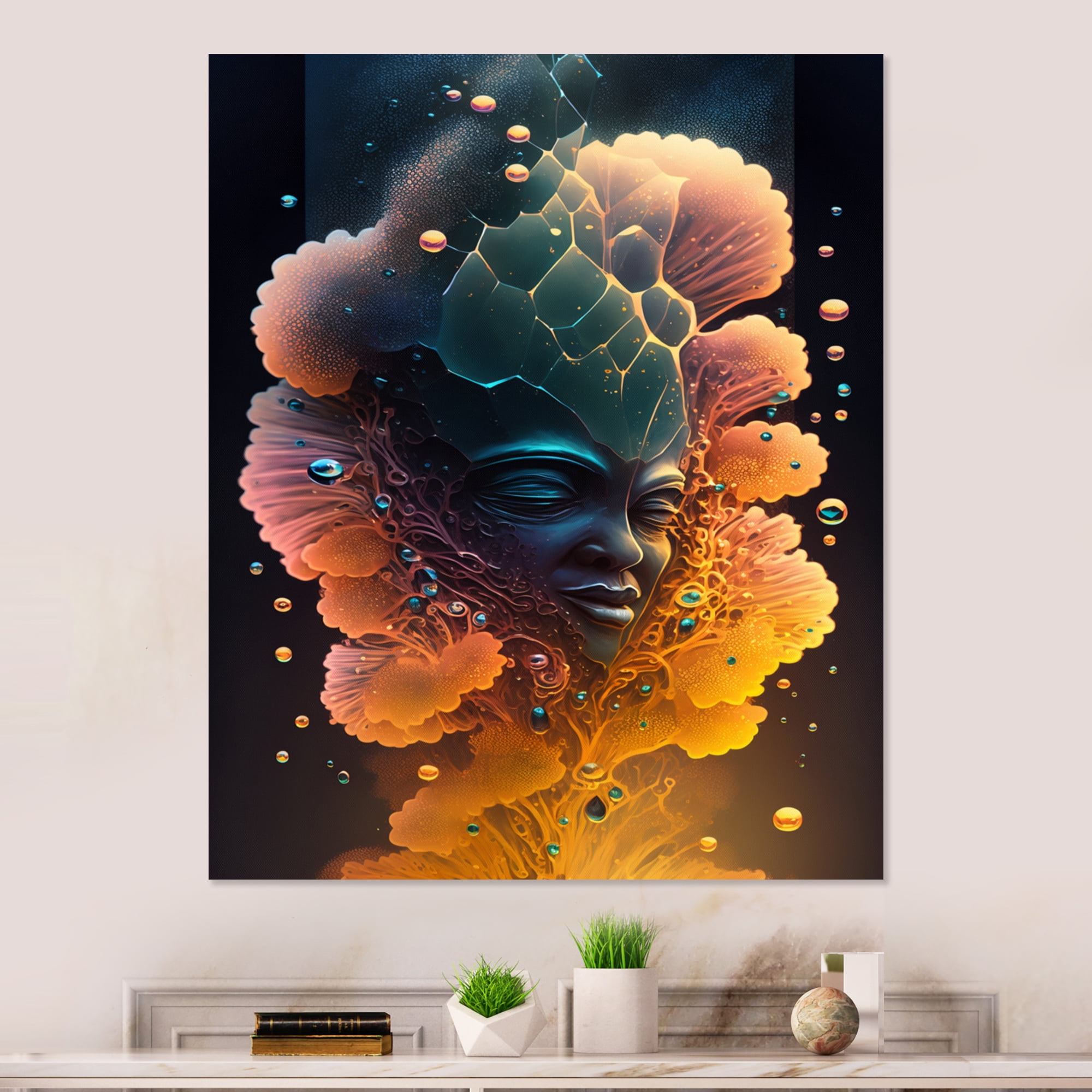 Designart Alien Face With Flowers 1 Hexagon Canvas Wall Art