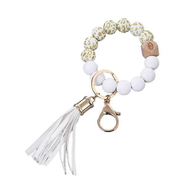 Llavero de silicona con pulsera de cuentas Llavero con pulsera de cuentas y borla de cuero para mujer