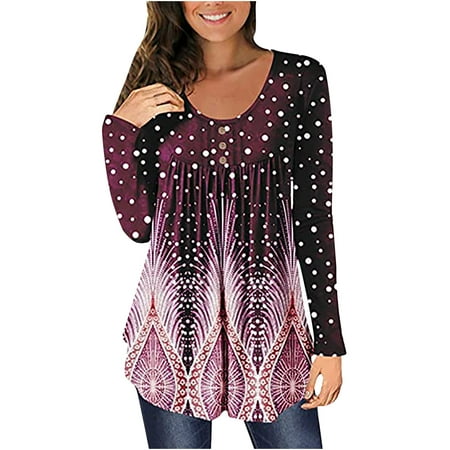 

Mrat Long Sleeve Fall Tops for Women Round-Neck Shirts Fashion Ladies Round Neck Long Sleeve T-Shirt Autumn Printed Button Loose Blouse Tops Long Sleeve Long Sleeve Scrub Tops Female