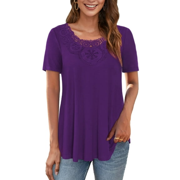 Traleubie Women's Short Sleeve Tunic Tops Lace Crochet Trim Pleated Tops Shirts of Female m-4x