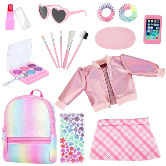 ZITA ELEMENT 18 Inch Doll Accessories Set with Backpack & Outfits 17-Piece | Pretend Play Makeup Kit for 18" Dolls | Includes Lipstick, Eyeshadow, Brushes, Accessories & Stylish Clothes
