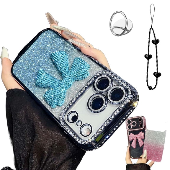 Étui de Téléphone pour Femme à Strass Scintillants avec Joli Nœud pour iPhone 17/15/14/13/12/11 Pro Max, Étui de Luxe à Couverture Complète, Anti-Rayures, Antichoc, avec Nœud en Cristal 3D, Étui de Protection (Bleu, pour iPhone 17 Pro Max)