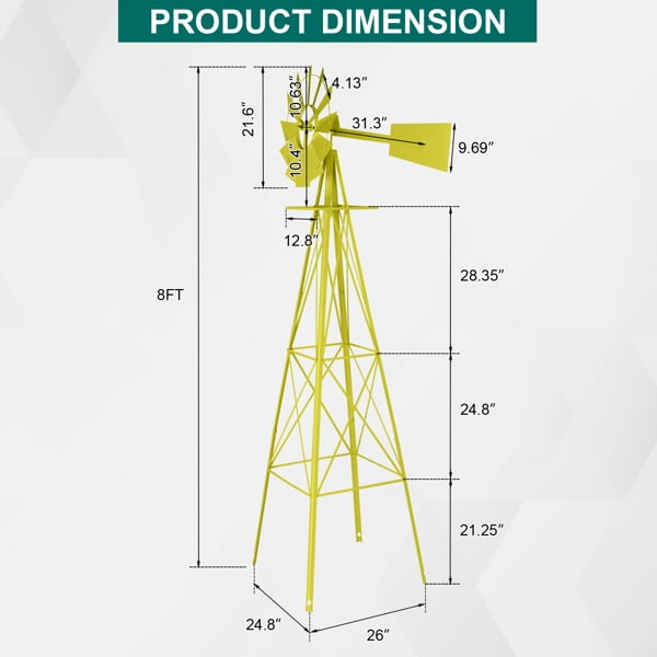 8FT Weather Resistant Yard Garden Windmill Yellow