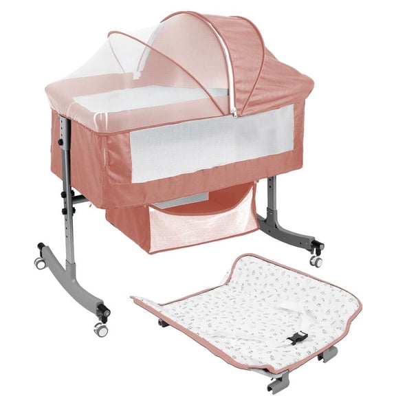 Dapmiu 4-in-1 Convertible Baby Crib, Bedside Sleeper with Changing Table, 6-Level Height Adjustable, Rocking Crib, Silent Wheels, Storage Basket, Mosquito Net, for Newborn to 24 Months,pink