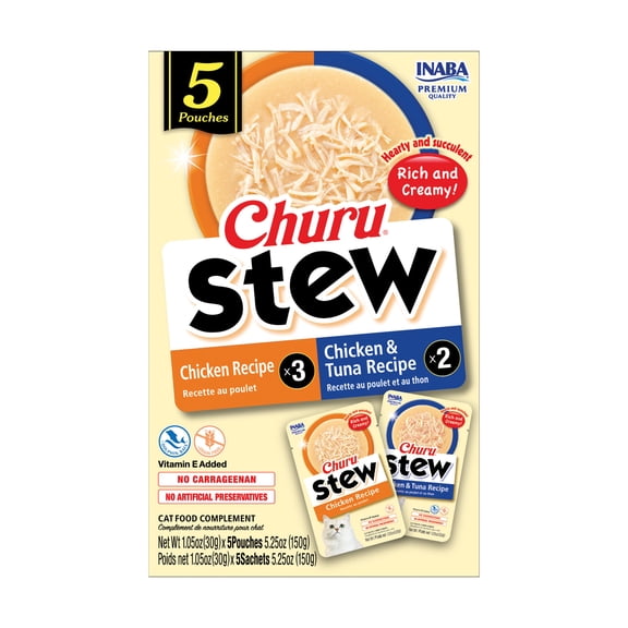 INABA Churu Stew for Cats, Creamy Broth Gelée with Shredded Chicken, Chicken & Tuna Variety Pack, 1.05 oz Pouches, 5‑Count
