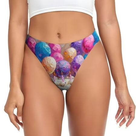 Qokaie Colorful Balloon Cake Celebration Printed Women s Cotton Thong Underwear  Sexy Breathable Panties G-string-X-Large
