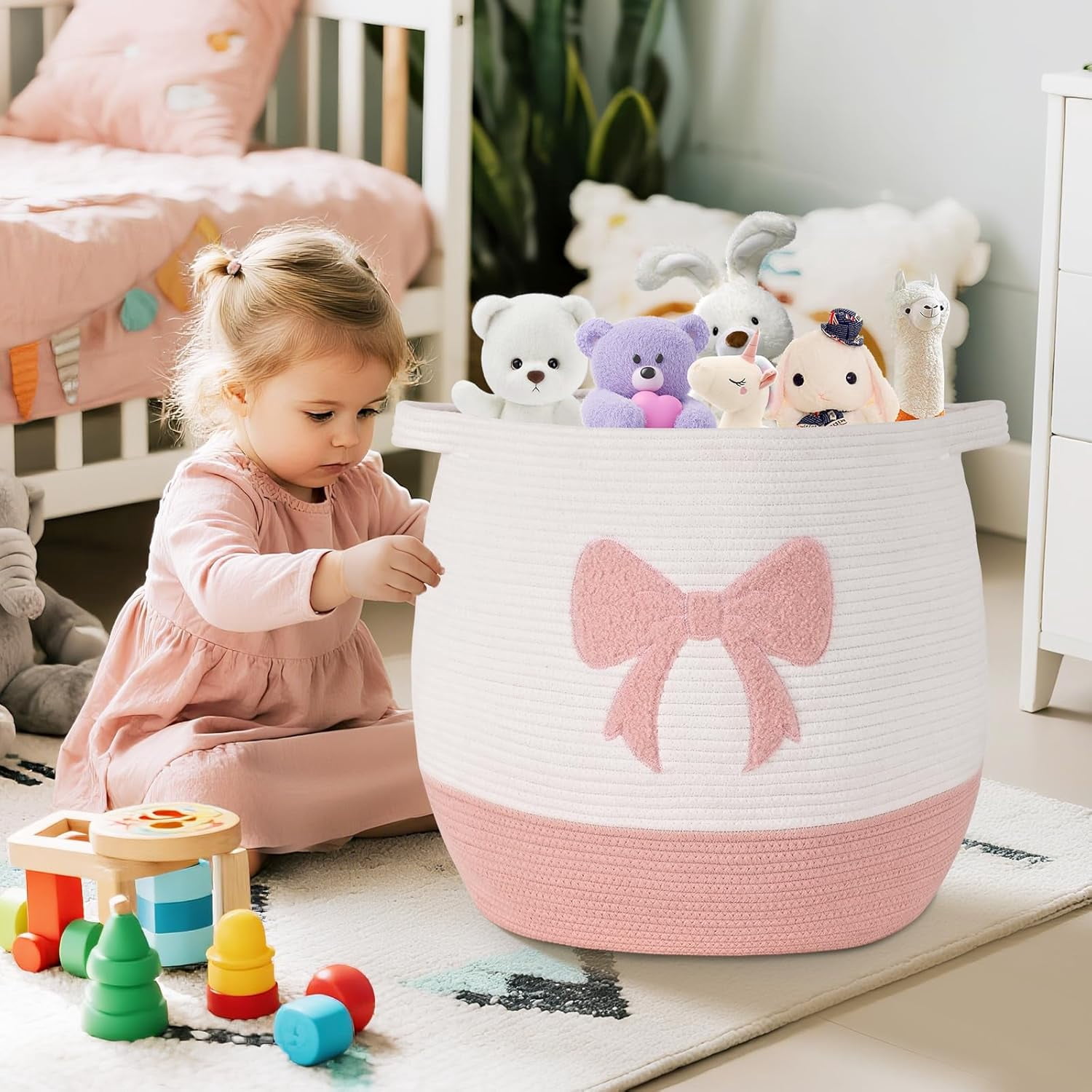 Natubeau Woven Storage Basket for Shelves, Cotton Rope Baskets, Toy and Blanket Storage Baskets for Kids, Pink Bow Round Hamper with Handles, 17"x15.7