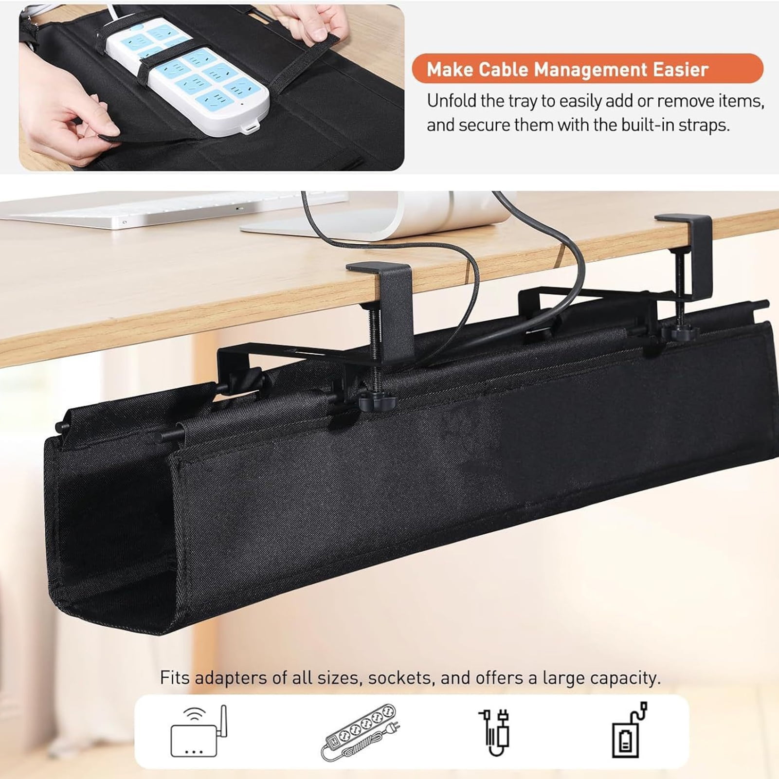 Under Desk Cable Management Box, Clamp-On Wire Organizer for Monitors PC Laptop Setup, Large Metal Cord Cover Box for Home Office