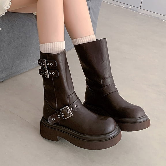 Mid Calf Boots For Women Platform Heel Booties With Square Toe Motorcycle Leather Boots