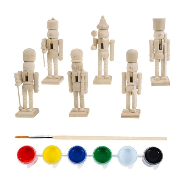 6pcs Unpainted Wood Nutcrackers DIY Paints Brush Nutcrackers Christmas Figures