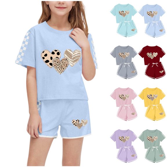 BXSRUTA Boys Girls Kids Summer 2 Piece Outfit Set Short Sleeve Tee Round Neck Top with Heart Print Shorts Casual Sportswear