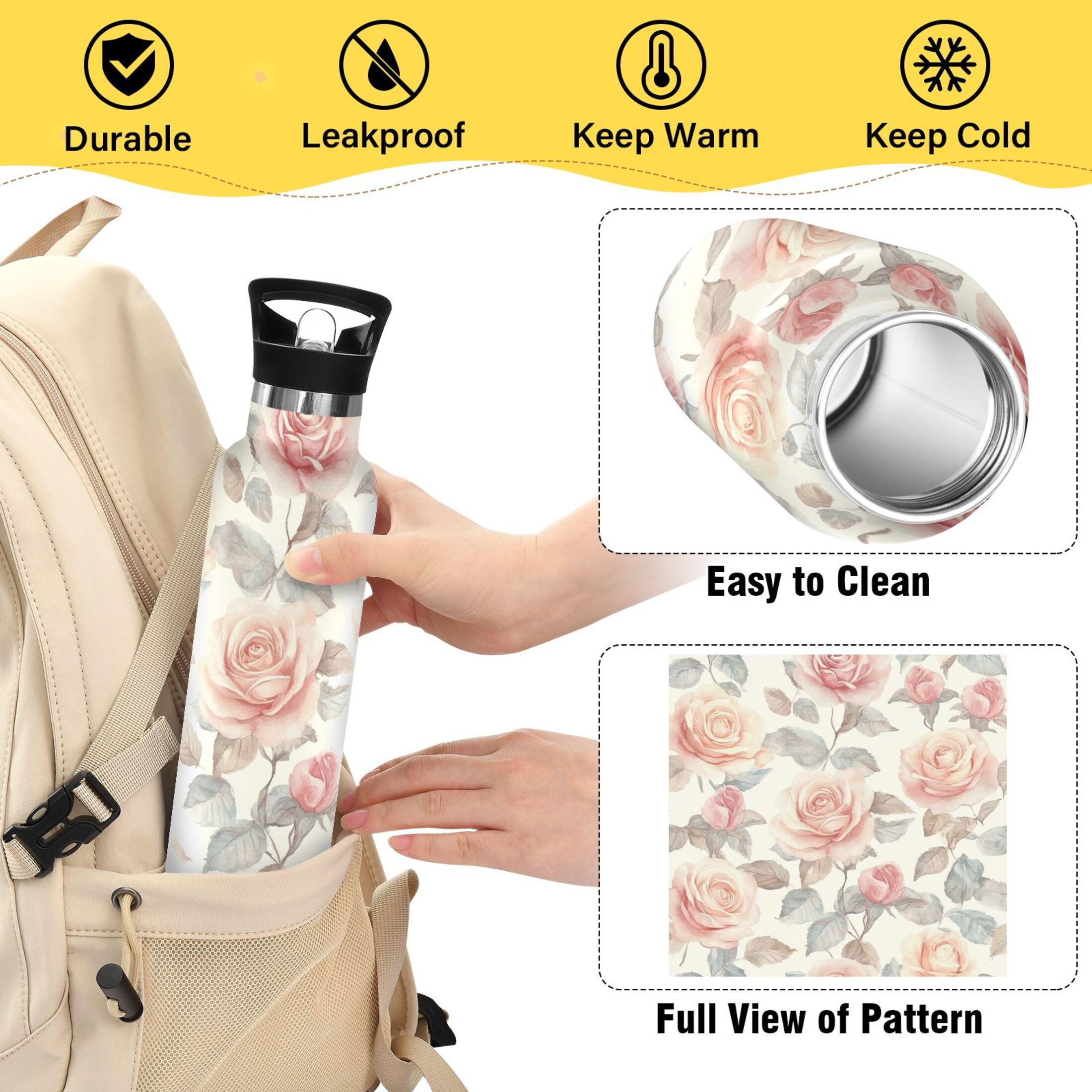 600ML Stainless Steel Insulated Cup Sports Water Bottle Portable Thermos Cup Water Glasses Insulated Tumblers Convenient and Durable Cartoon Coral Roses