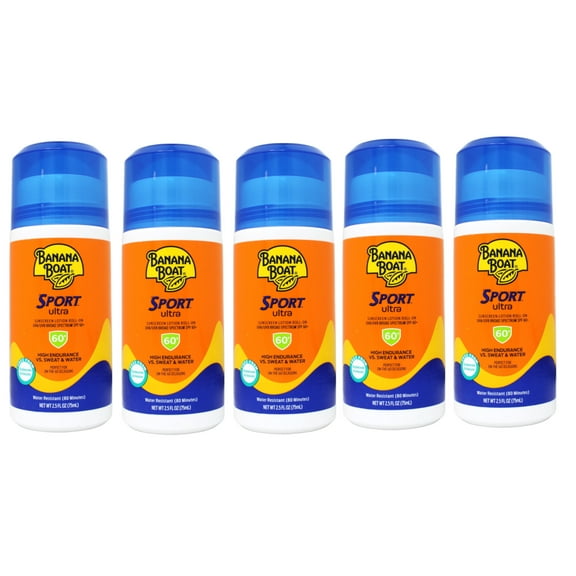 5 Pack - Banana Boat Sport Ultra Sunscreen Lotion Roll-On 2.5 Oz, 60 SPF, Water Resistant (80 Minutes) Sunblock, Superior Endurance VS Sweat & Water
