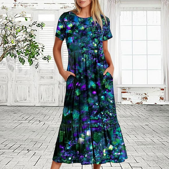 Summer Dress for Women 2024 Fashion Plus Size Casual Short Sleeve Crewneck Dress Casual Flowy Tiered Maxi Beach Dress With Pockets Shiny Print Dress 50% off Clearance!