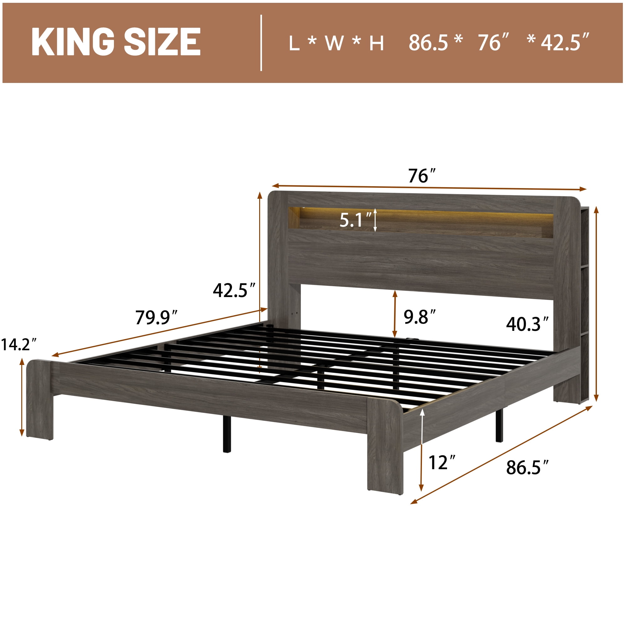 Bed Frame King Size, Wood Platform Bed Frame with Storage LED Light Headboard and 2 USB , Noise Free,No Box Spring Needed and Easy Assembly Tool,Large Under Bed Storage,Dark Grey