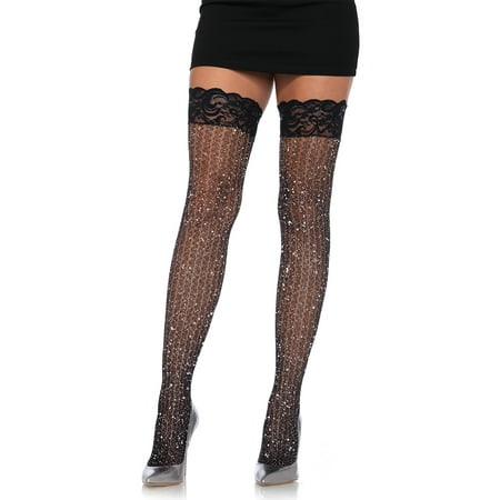 Leg Avenue Women's Stay up Lace Top Lurex Shimmer Cable Net Thigh Highs, Black, O/S