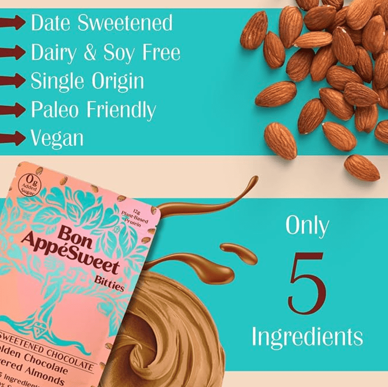 Bon Appesweet Date Sweetened Chocolate Covered Almond Protein Snacks - Golden Chocolate Covered | 3 Ounce (Pack of 3) | Zero Added Sugar, 37% Cacao, Plant Based, Dairy Free, and Guilt Free!
