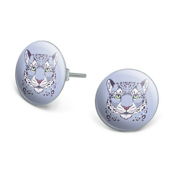 Spotted Snow Leopard Face Novelty Silver Plated Stud Earrings