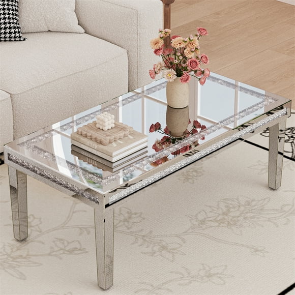 Wisfor Crush Diamond Rectangle Coffee Table – 120cm Long Modern Glass Top with Mirror Finish, Diamond Cut Inlaid Reflective Design, Glam Decor, Sparkling HD Silver Luxury Center Table for Living Room