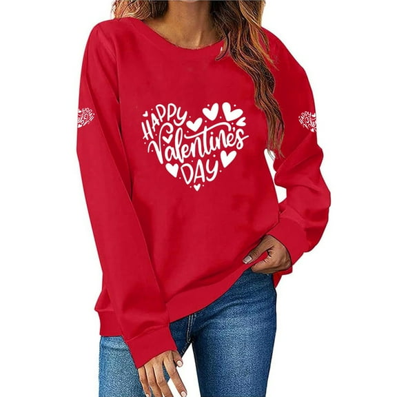 SYMOID Womens Valentines Day Sweatshirt - Red Crewneck Loose Fit Heart Print Soft Polyester, XS-XL Sizes, Romantic Valentine Outfit for Her,Size L