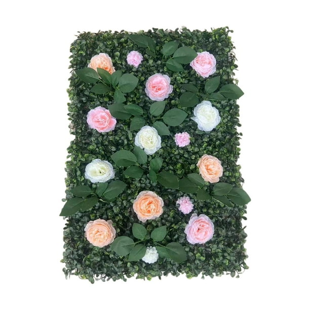 Panel de pared de césped artificial con flores, panel de pared verde para el hogar, telón de fondo floral, planta artificial para cubierta, día de San Champán Rosado