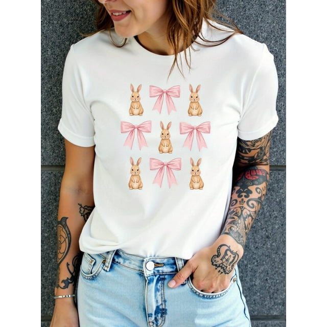Camiseta estampada 100 % algodón para mujer, de manga corta y cuello redondo, para uso diario informal, 1 pieza, camiseta de ocio.