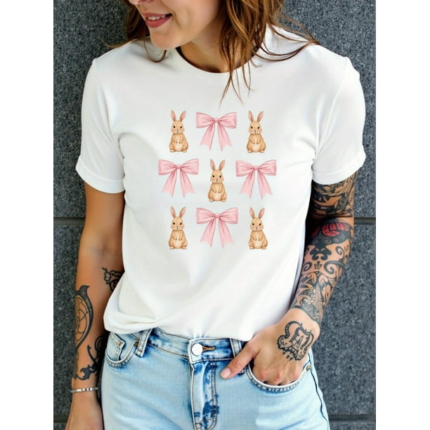 Camiseta estampada 100 % algodón para mujer, de manga corta y cuello redondo, para uso diario informal, 1 pieza, camiseta de ocio.