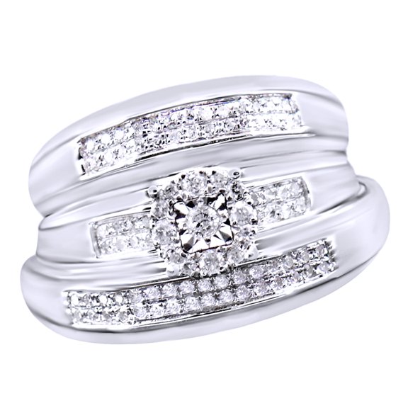 AFFY White Natural Diamond Wedding & Engagement Trio Band Ring Set In 10k White Gold (0.35 Cttw)